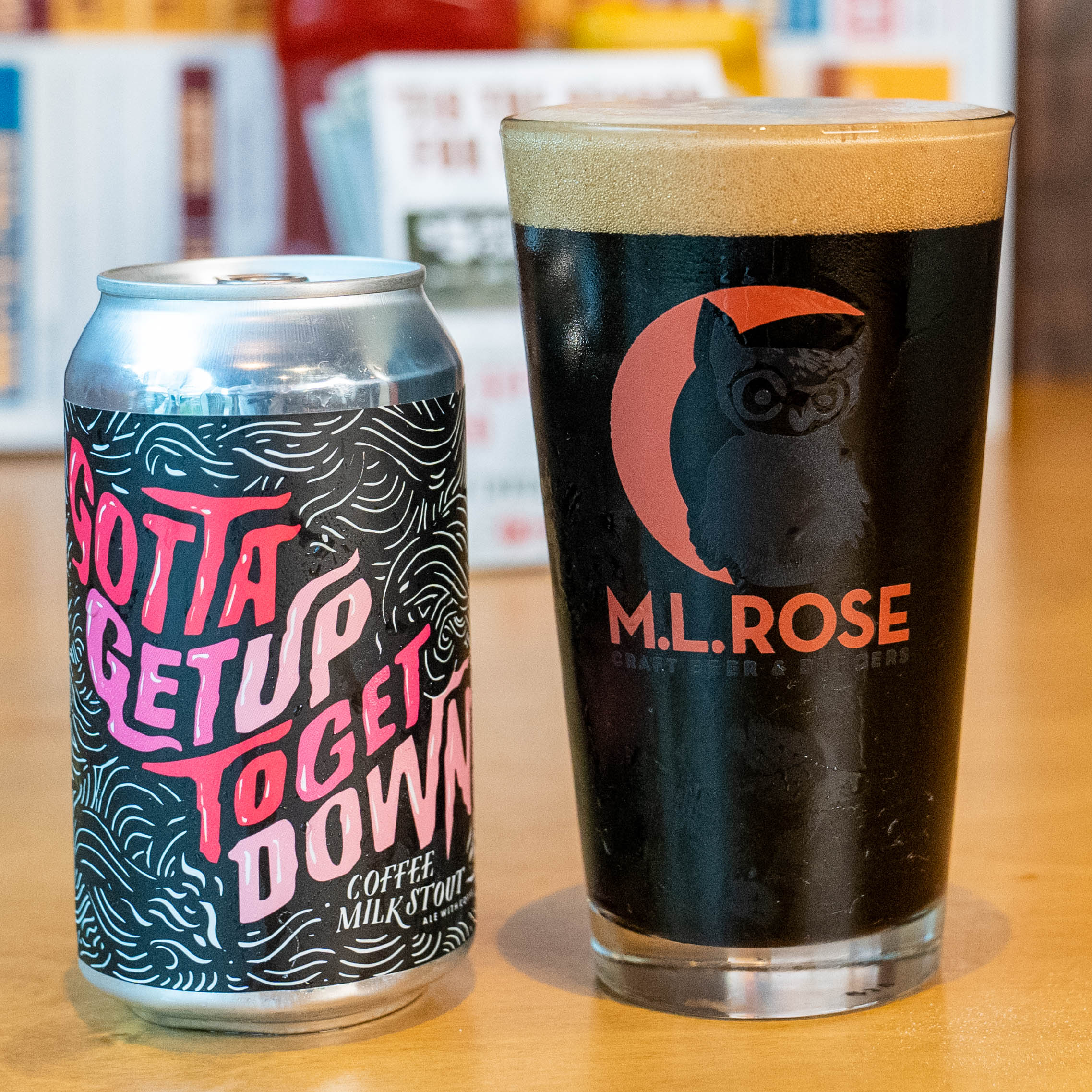 Canned craft beers on bar top at M.L.Rose